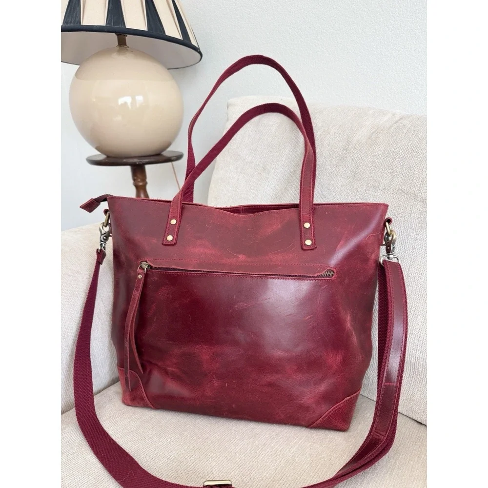 Leather Tote Shoulder Bag Red Laptop Szone Minimal Chic Large Travel Work